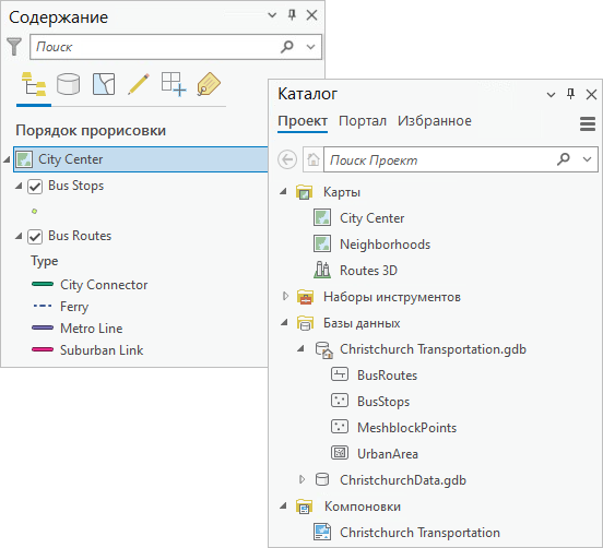 Панель Содержание карты и панель Каталог