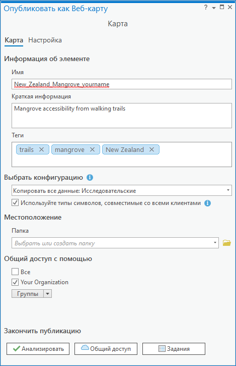 Панель Опубликовать как веб-карту