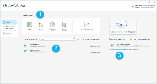 Вкладка Главная начальной страницы ArcGIS Pro