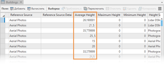 Поле Средняя высота в таблице атрибутов слоя Buildings