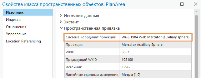 Диалоговое окно Свойства класса пространственных объектов