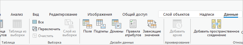 Кнопки Поля, Подтипы и Домены на вкладке Данные