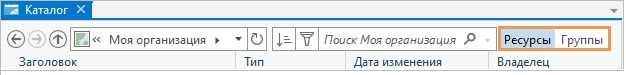 Кнопки Ресурсы и Группы отображаются рядом с полем поиска в виде Каталог