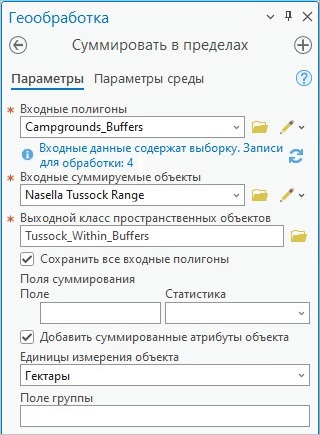 Параметры инструмента Суммировать в пределах