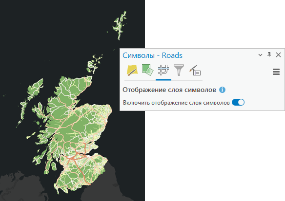 Панель Символы с включенной опцией отображения слоя символов и обновленной картой