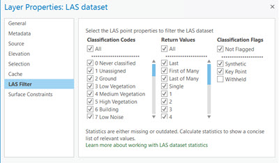 Вкладка Фильтр LAS в диалоговом окне Свойства набора данных LAS
