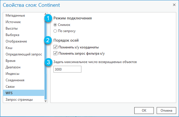 Такие параметры слоя WFS, как режим подключения, порядок осей или максимальное число возвращаемых объектов.