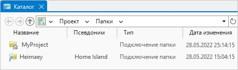 Вид каталога, показывающий имя и псевдоним подключения к папке