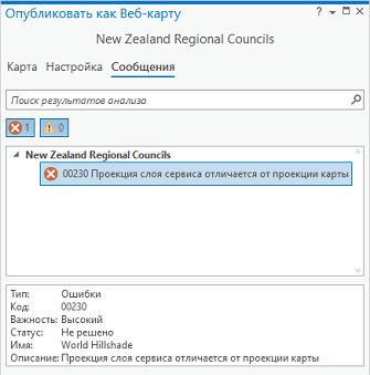 Сообщения об ошибках на панели Опубликовать как веб-карту