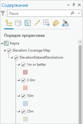 Панель Ресурсы с развернутым слоем Elevation Coverage Map