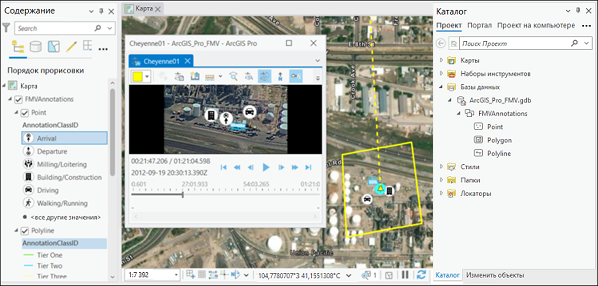 Объекты, перечисленные на панели Содержание, отображаются в видеоплеере и на карте.