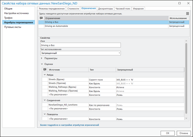Страница ограничения в Свойствах набора сетевых данных, отображающая ограничение на вождение автобуса