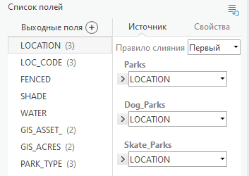 Слияние списков полей для слоев парков