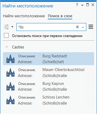 Расширенный поиск слоев с использованием одной звездочки в панели Найти местоположение
