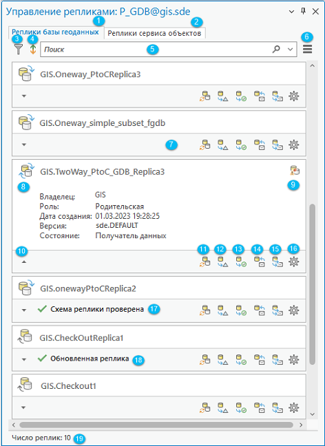 Вкладка Элементы реплик базы геоданных