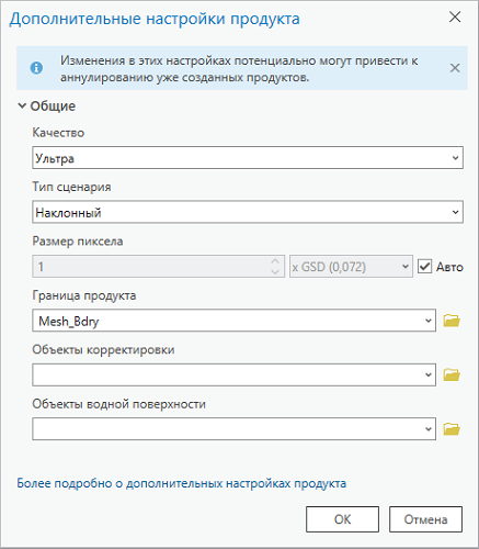 Диалоговое окно Дополнительные настройки продукта для данных перспективных аэроснимков