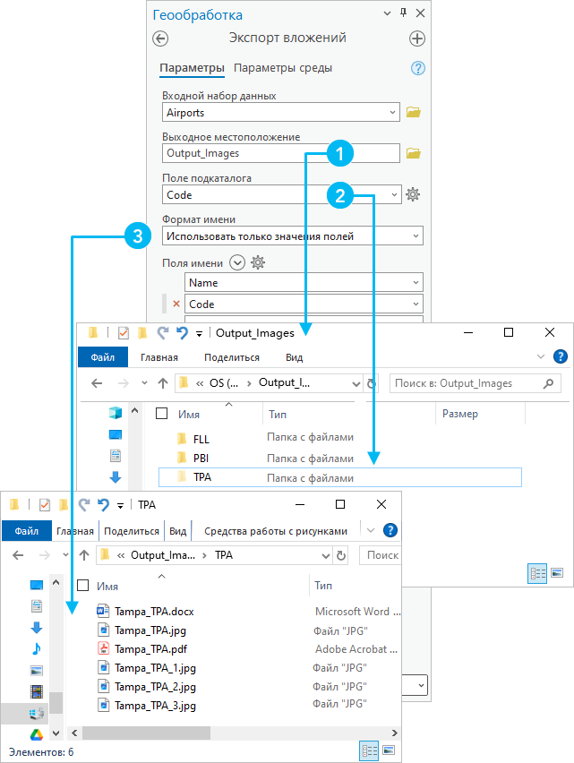 Инструмент геообработки Экспорт вложений и выходные файлы в проводнике файлов