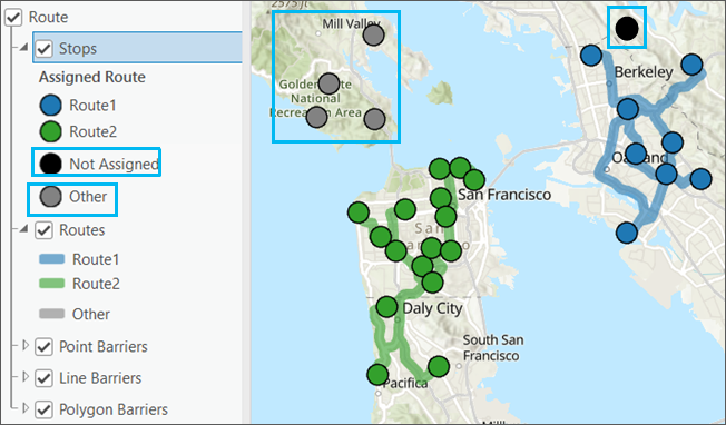 Объекты, не назначенные конкретному маршруту, обозначаются черным цветом, а объекты, назначенные маршруту до тех пор, пока не будет выполнен анализ, обозначаются серым цветом.