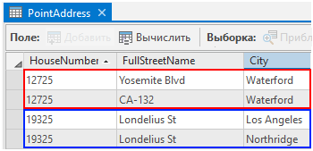 Таблица атрибутов PointAddress с дублирующимися объектами с разными названиями для одного местоположения