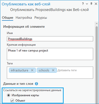 Выберите Изображение карты и Объект под Ссылаться на зарегистрированные данные для публикации данных сервис-ориентированной версии.