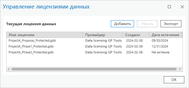 Диалоговое окно Управление лицензиями данных Диалоговое окно Управление лицензиями данных
