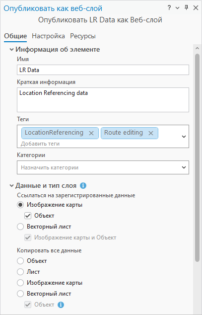Панель Опубликовать как веб-слой Панель Опубликовать как веб-слой