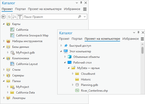 Расположенные рядом изображения панели Каталог с выбранными вкладками. Расположенные рядом изображения панели Каталог с выбранными вкладками.