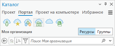 Вкладка Портал на панели Каталог с выбранной Моей организацией и Ресурсами Вкладка Портал на панели Каталог с выбранной Моей организацией и Ресурсами