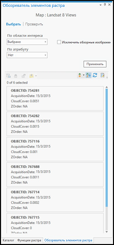 Панель Обозреватель элементов растра со списком элементов, содержащихся в наборе данных мозаики. Панель Обозреватель элементов растра со списком элементов, содержащихся в наборе данных мозаики.