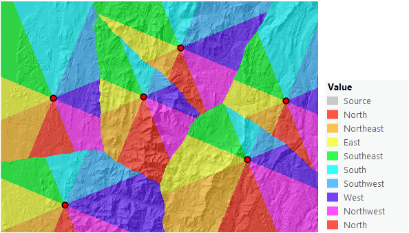 Карта направления источника, идентифицирующая направление по прямой обратно к источнику с наименьшей стоимостью Карта направления источника, идентифицирующая направление по прямой обратно к источнику с наименьшей стоимостью