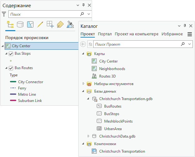 Панель Содержание карты и панель Каталог