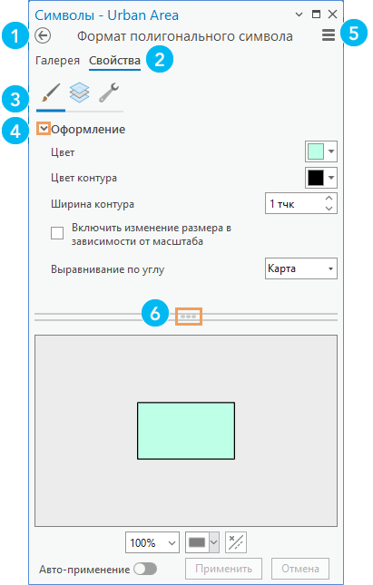 Панель Символы с отмеченными элементами управления панелью