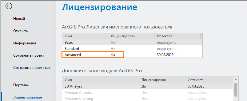 Вкладка Лицензирование в настройках ArcGIS Pro