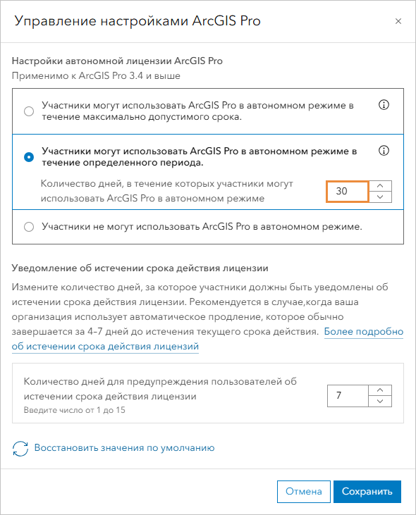 Окно с настройками контроля автономного использования ArcGIS Pro