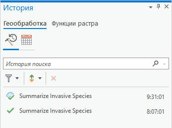 Панель истории с записями инструментов геообработки