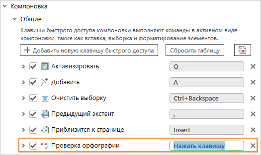 Команда Проверка орфографии в диалоговом окне Клавиши быстрого доступа