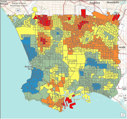 Проинтерполированные степени ожирения пятиклассников на участках переписи Лос-Анджелеса