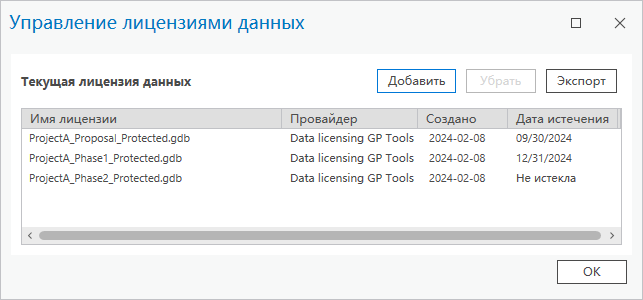Диалоговое окно Управление лицензиями данных