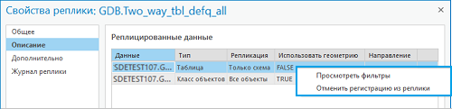 В диалоговом окне Свойства реплики, на вкладке Описание, выберите Просмотр фильтров или Отмена регистрации.