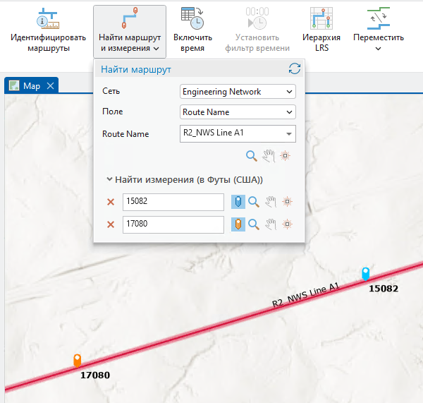 Опции Найти маршрут после установки маркеров измерения