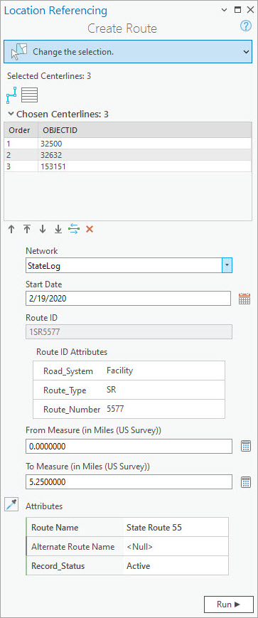 Панель Построение маршрута с атрибутами Route ID