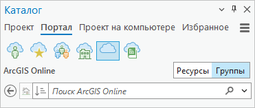 Вкладка Портал на панели Каталог с выбранными ArcGIS Online и Группы