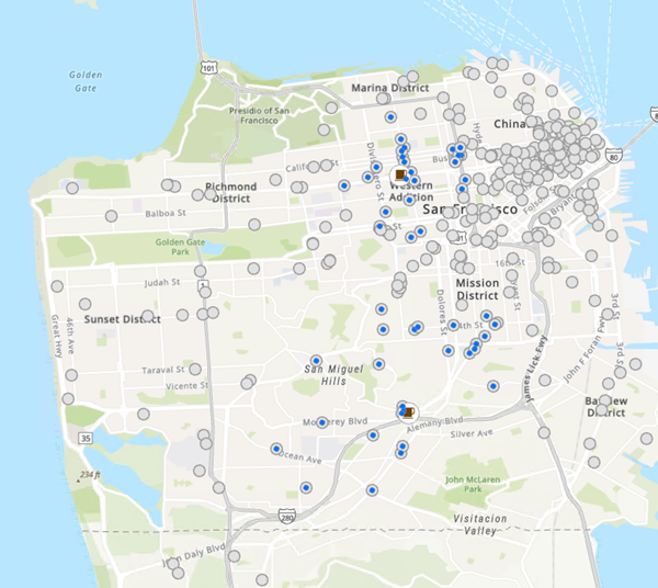 A point feature class showing the nearby locations