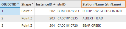 Переменная выбранного экземпляра stnName добавляется как поле Station Name в таблице атрибутов выходного класса пространственных объектов инструмента Временные ряды NetCDF в класс объектов