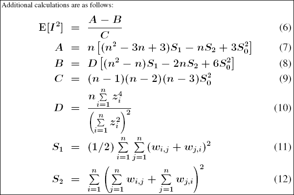 Дополнительные математические расчеты для статистического показателя общий индекс I Морана