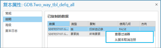 在“复本属性”对话框的“描述”选项卡上，选择“查看过滤器”或“从复本取消注册”。