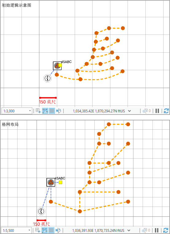 应用格网布局之前和之后的示例逻辑示意图