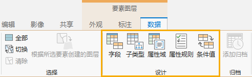 “数据”选项卡上的“字段”、“子类型”和“属性域”按钮