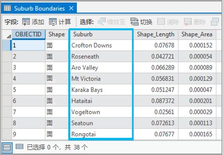 Suburb Boundaries 属性表。