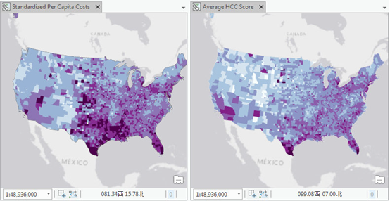 显示 2011 年医疗保险受益人信息的两张美国各县地图